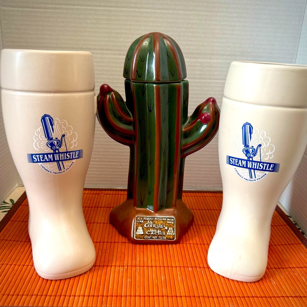 Bar Accessories. One Tequila Cactus Bottle & 2 Steam Whistle Boots. All EUC